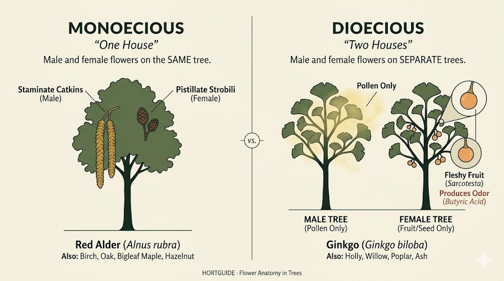Monoecious vs. dioecious tree comparison: a single Red Alder tree bearing both staminate catkins and pistillate strobili (monoecious) alongside two separate Ginkgo trees where the male produces only pollen and the female produces only fleshy fruit (dioecious).