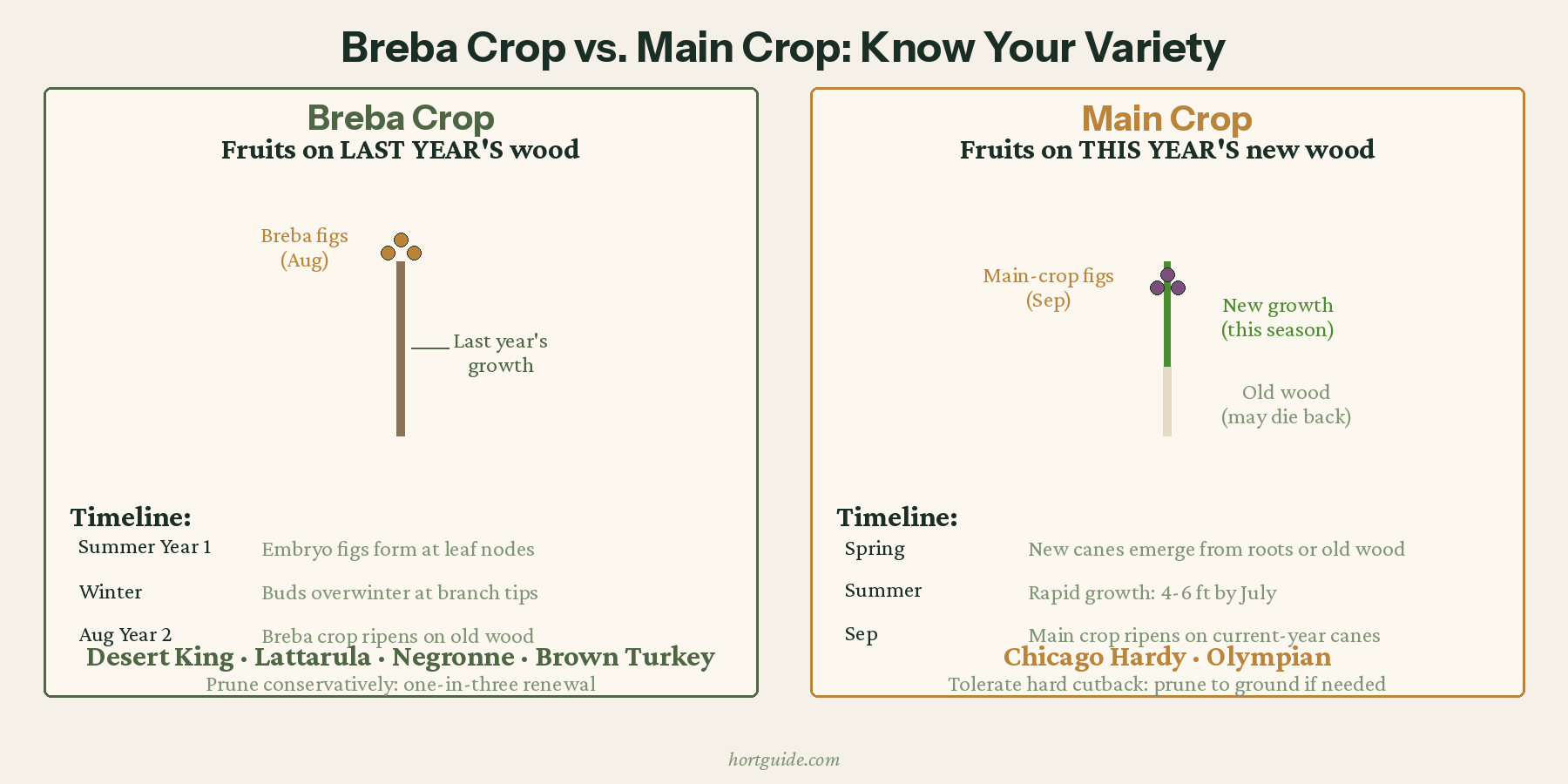 Side-by-side comparison of breba crop (fruits on last year's wood, varieties Desert King, Lattarula, Negronne) versus main crop (fruits on this year's new wood, varieties Chicago Hardy, Olympian)