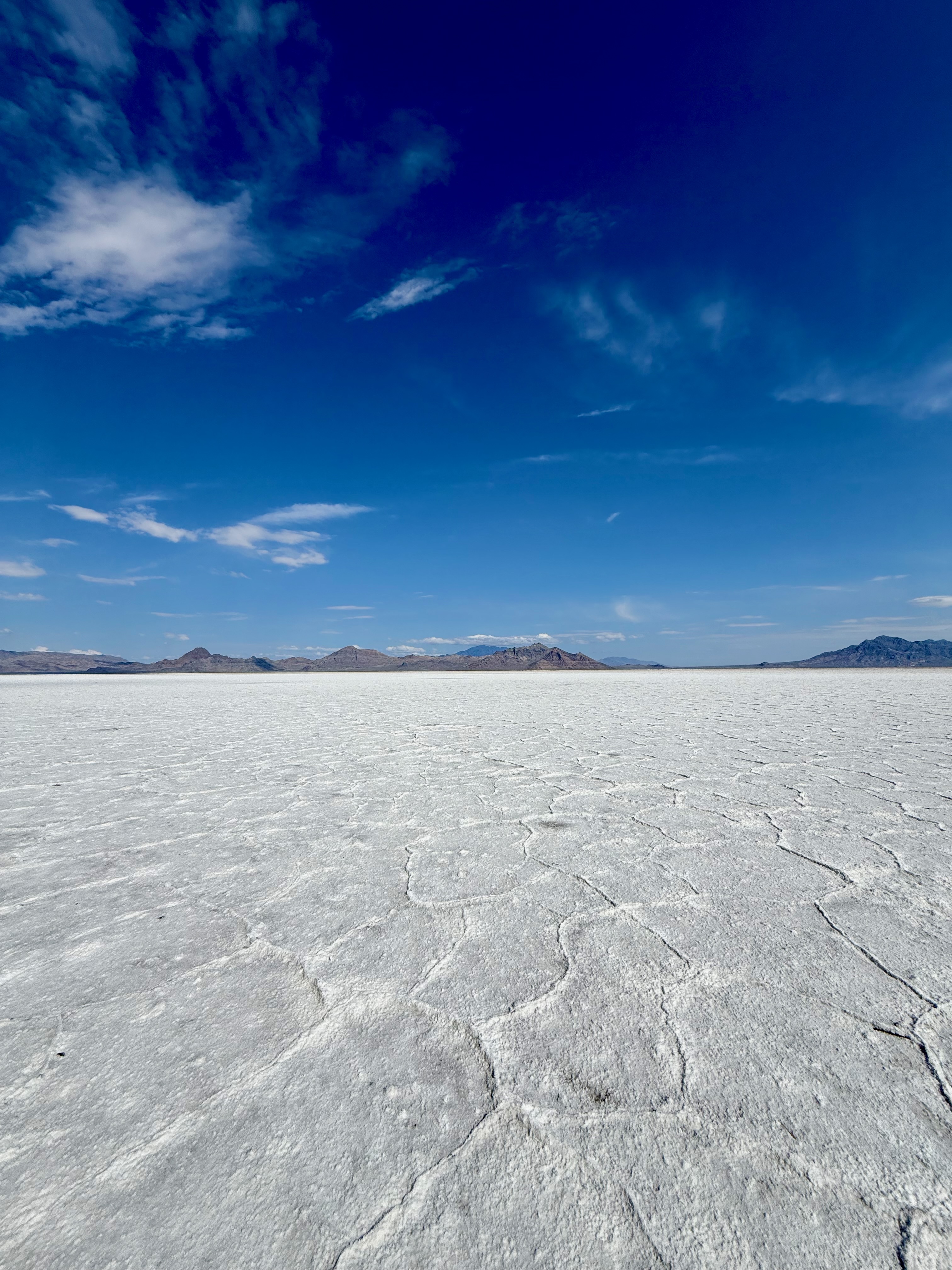 Bonneville Salt Flats panorama showing polygonal crust and distant mountain ranges