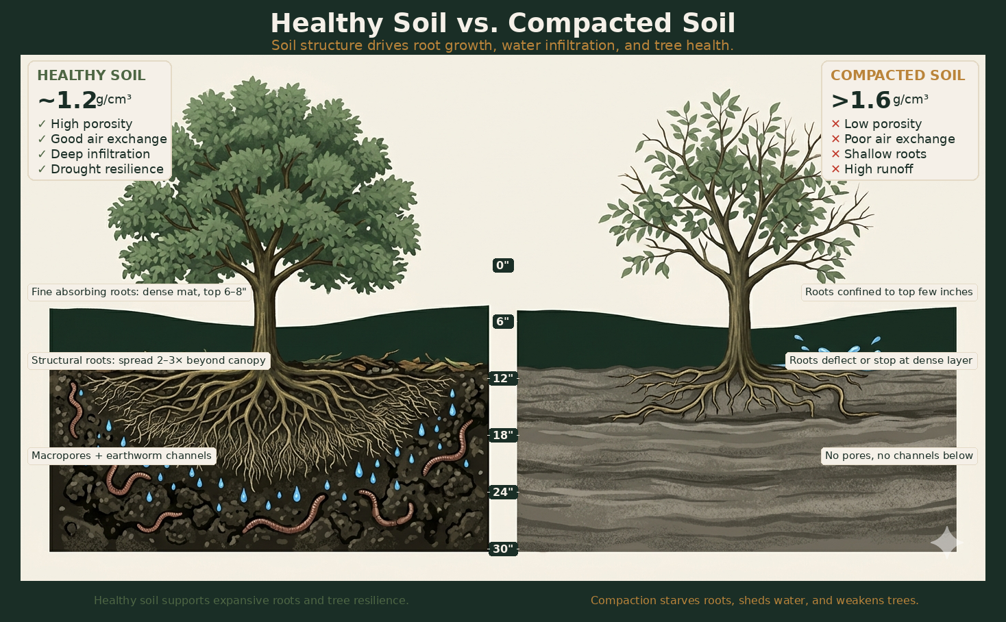 Healthy soil vs. compacted soil cross-section showing root plate geometry, pore structure, and water movement differences