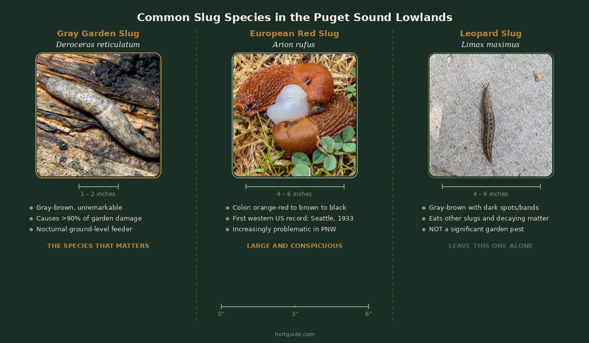 Three common slug species in the Puget Sound lowlands compared: gray garden slug (Deroceras reticulatum), European red slug (Arion rufus), and leopard slug (Limax maximus), with relative size scale and key identification features