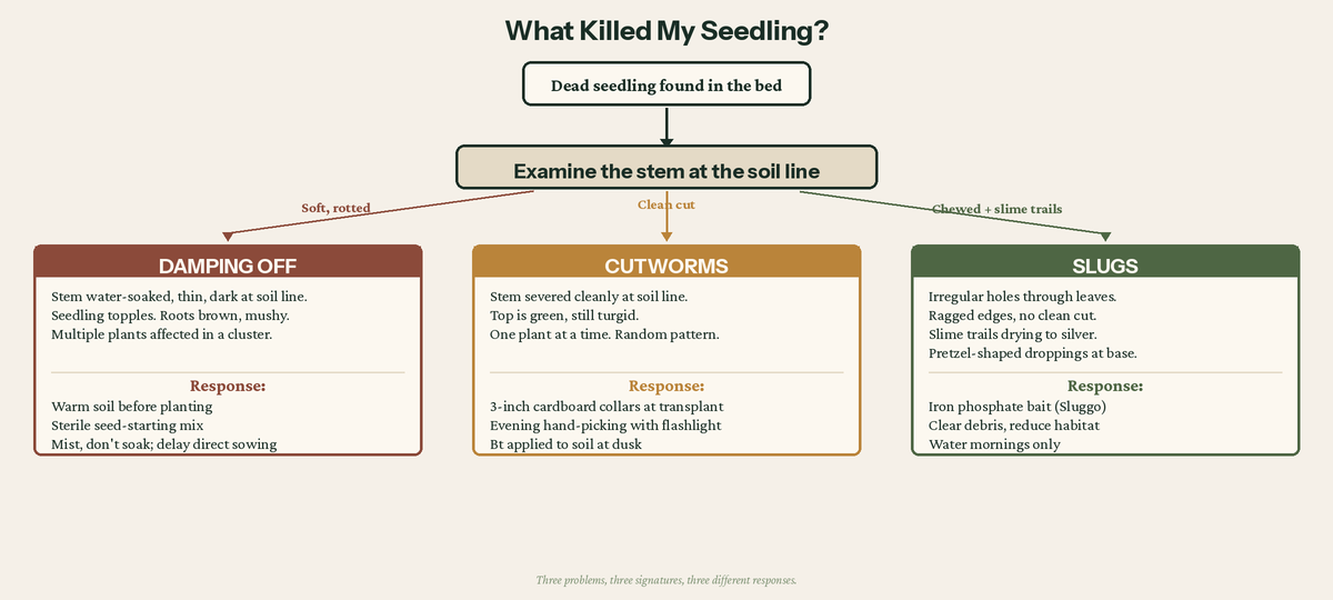 What killed my seedling? A diagnostic flowchart showing three branches: rotted stem leads to damping off, clean-cut stem leads to cutworms, chewed leaves with slime trails lead to slugs. Each branch includes diagnostic signs and immediate response actions.