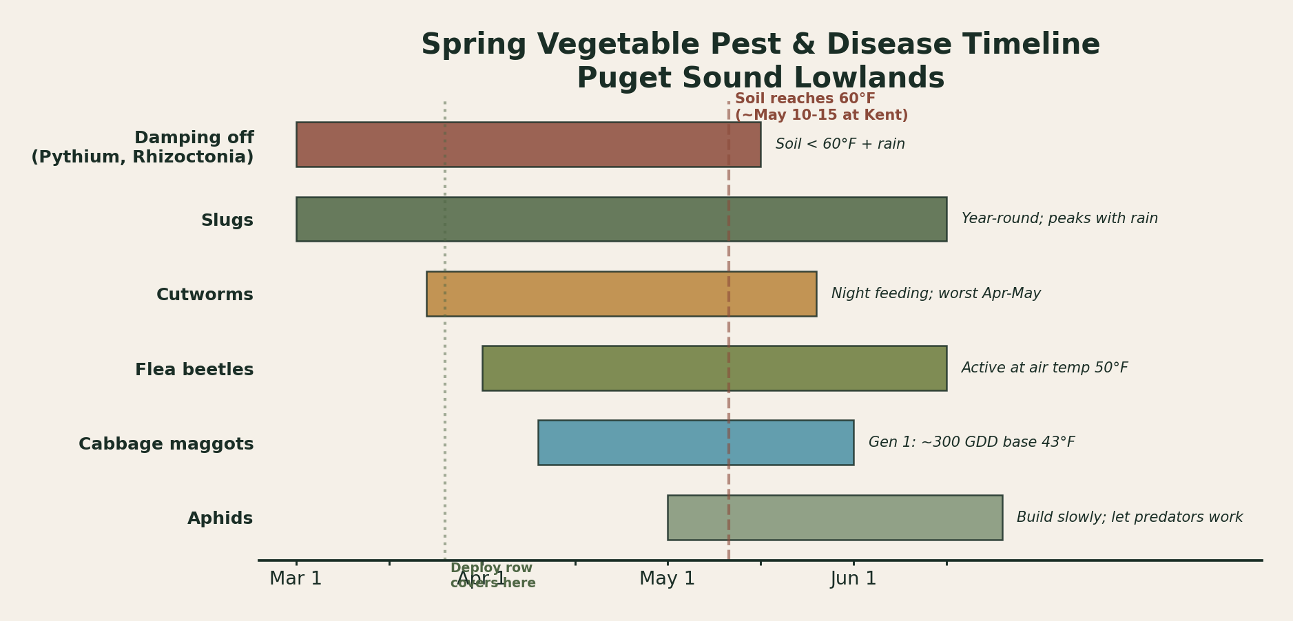 Spring pest emergence timeline showing six pests from March through June. Damping off and slugs are active earliest, followed by cutworms in late March, flea beetles in April, cabbage maggots in late April, and aphids building through May. A dashed line marks when soil reaches 60°F, and a marker indicates when to deploy row covers.