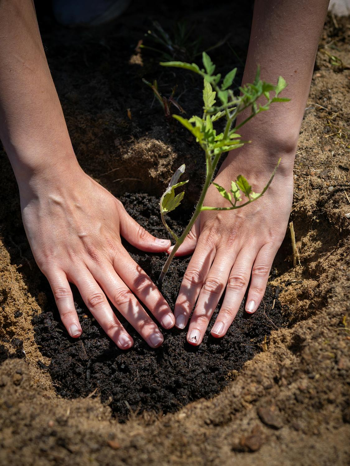 Hands pressing soil around a young tomato transplant
