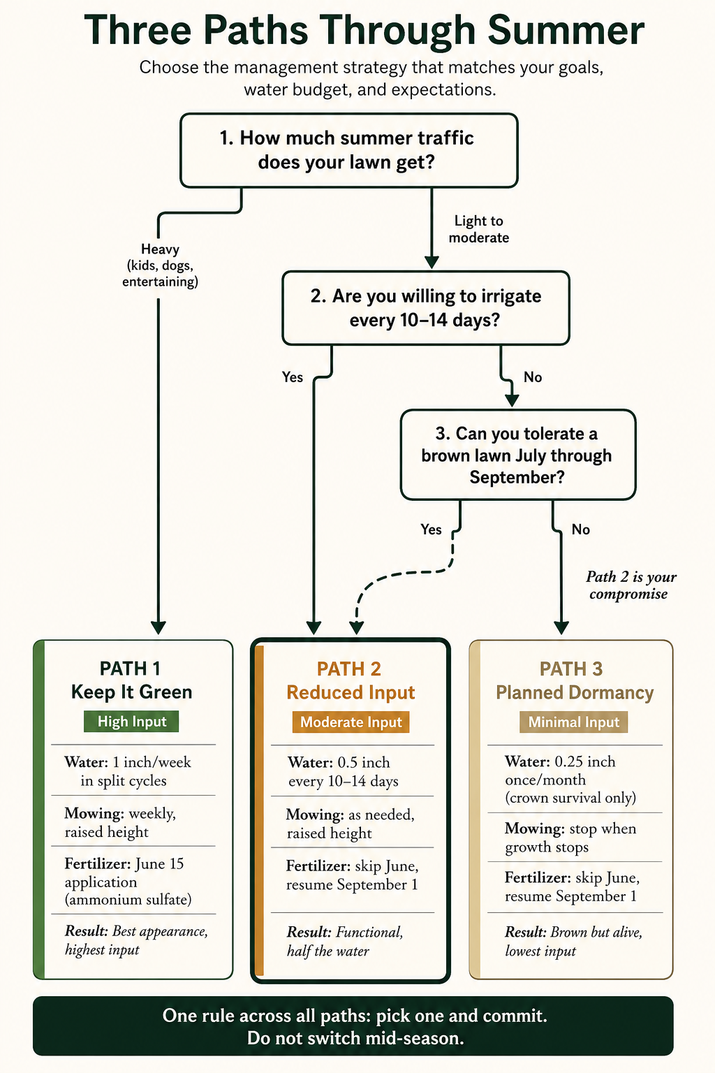 Three Paths Through Summer decision tree: choose between keep it green, reduced input, or planned dormancy based on traffic, water budget, and aesthetic tolerance