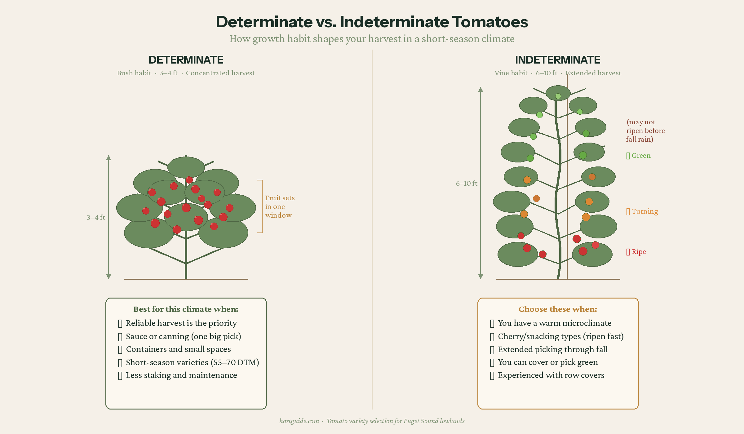 Side-by-side comparison of determinate and indeterminate tomato growth habits, showing concentrated vs. spread fruit distribution and recommended uses for each in the Puget Sound climate